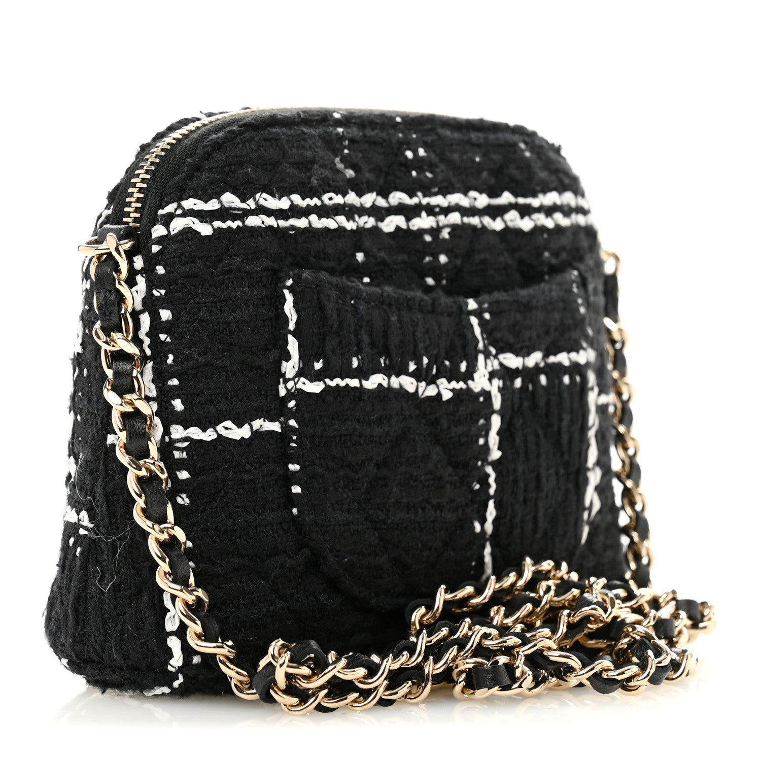 Chanel Tweed Quilted Mini Clutch With Chain  Black White