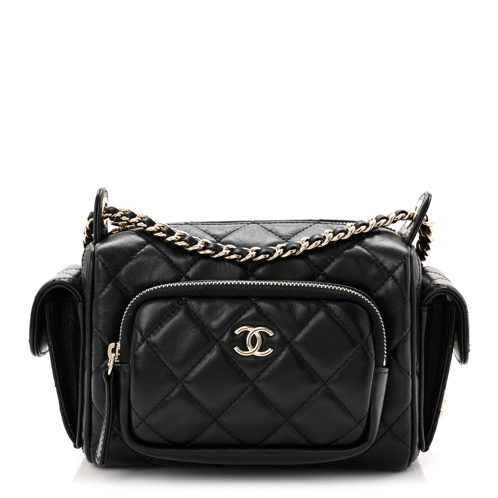 Chanel Shiny Crumpled Lambskin Quilted Small Preppy Pocket Camera Case Black