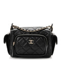 Chanel Shiny Crumpled Lambskin Quilted Small Preppy Pocket Camera Case Black
