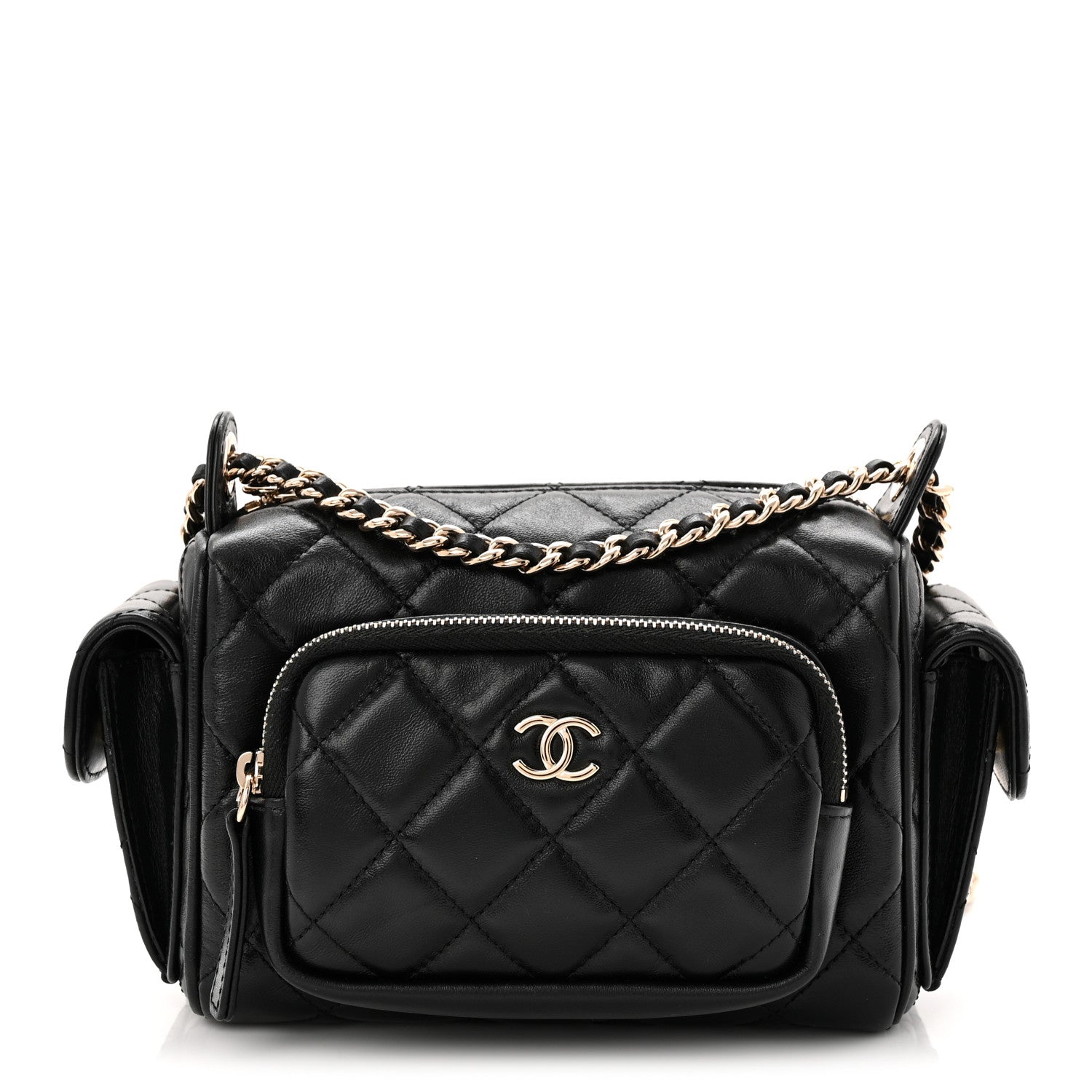 Chanel Shiny Crumpled Lambskin Quilted Small Preppy Pocket Camera Case Black