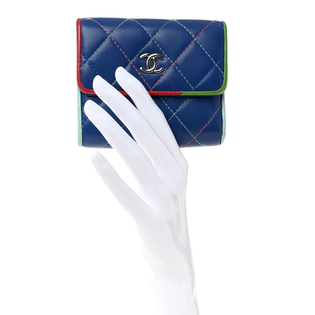 Lambskin Quilted Compact Flap Wallet Blue Multicolor