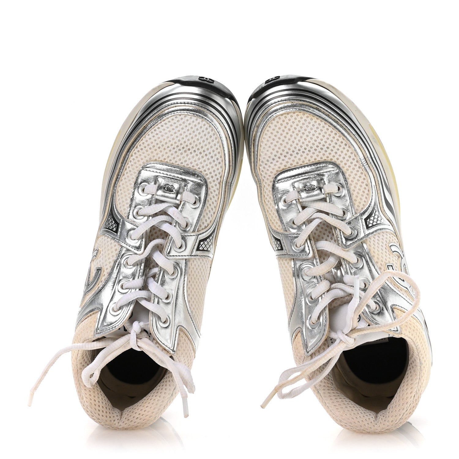 Fabric Laminated Calfskin Stretch CC Sneakers 38.5 White Silver