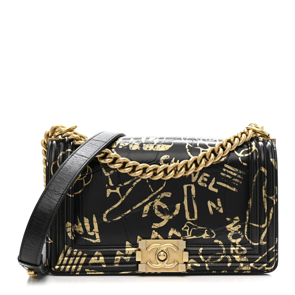 Chanel Calfskin Crocodile Embossed Graffiti Cocodile Medium Boy Flap Black