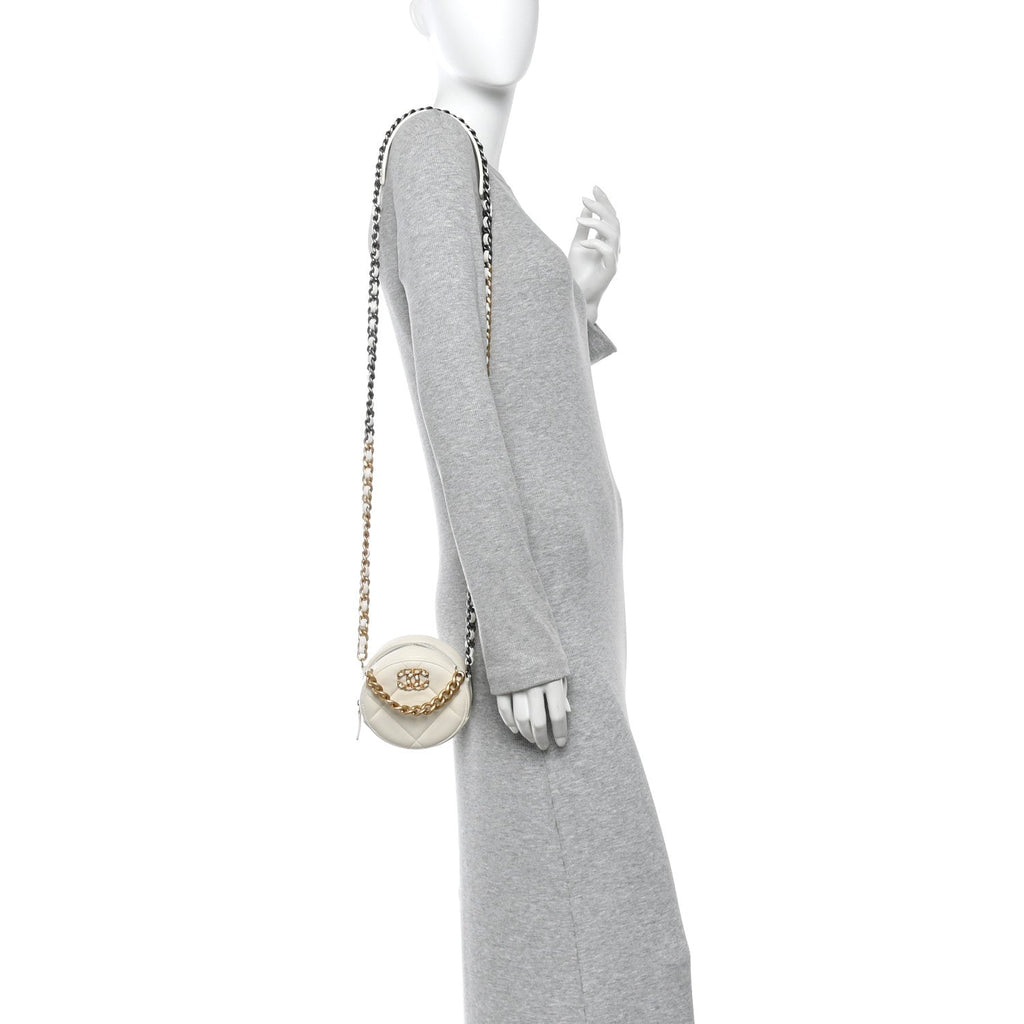 Chanel Lambskin Quilted Chanel 19 Round Clutch With Chain White