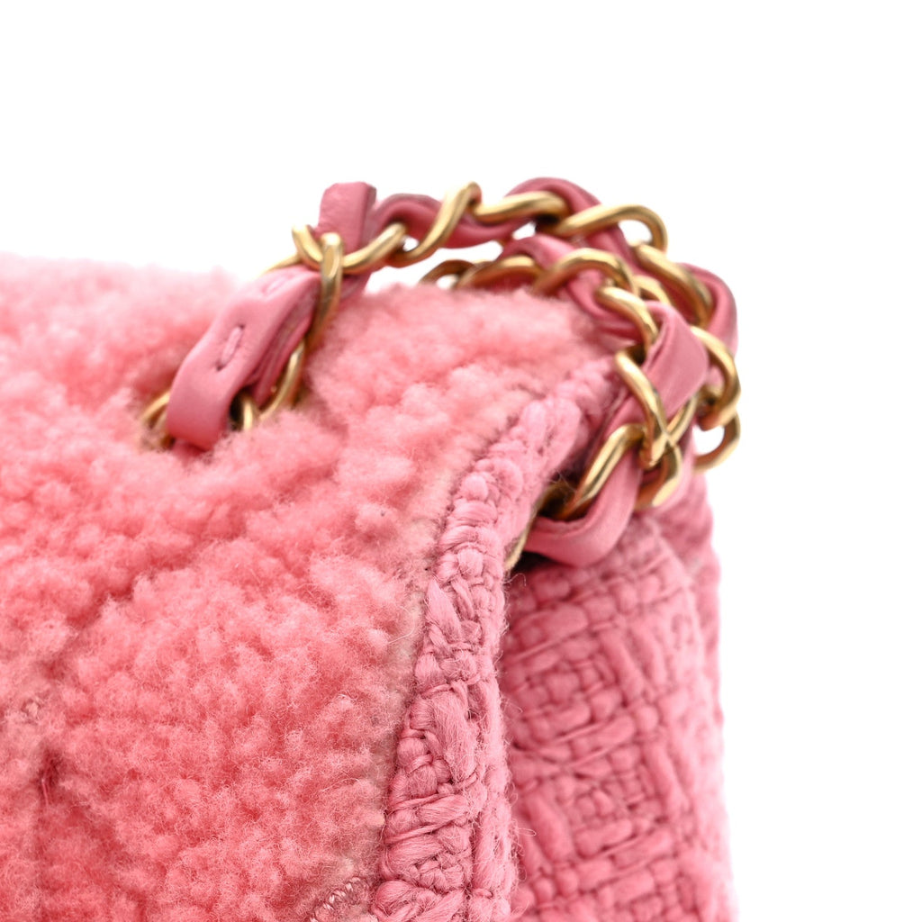Chanel Shearling Tweed Quilted Medium Flap Bag Light Pink