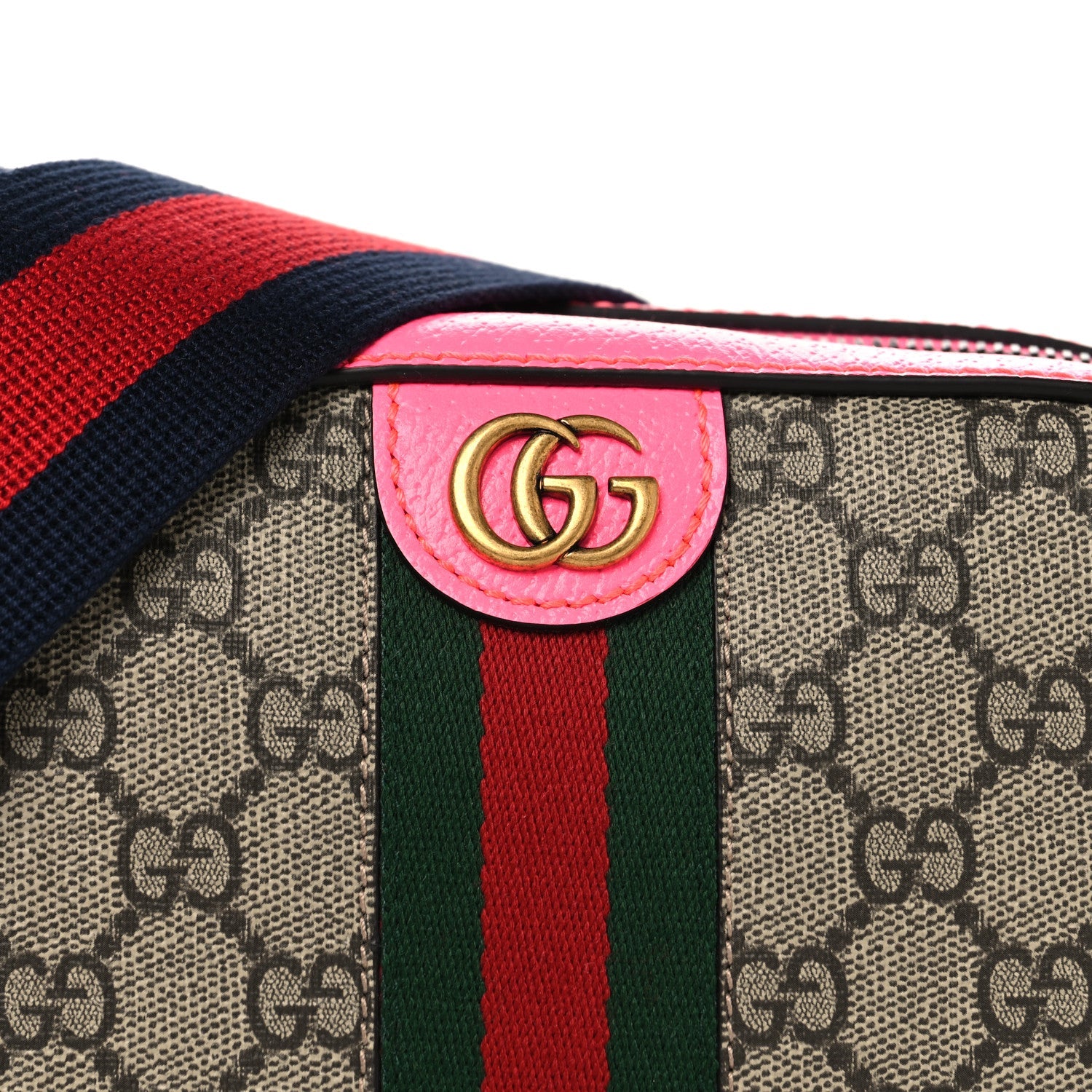 Gucci GG Supreme Monogram Textured Dollar Calfskin Web Ophidia Small Crossbody Bag Beige Ebony Fuchsia