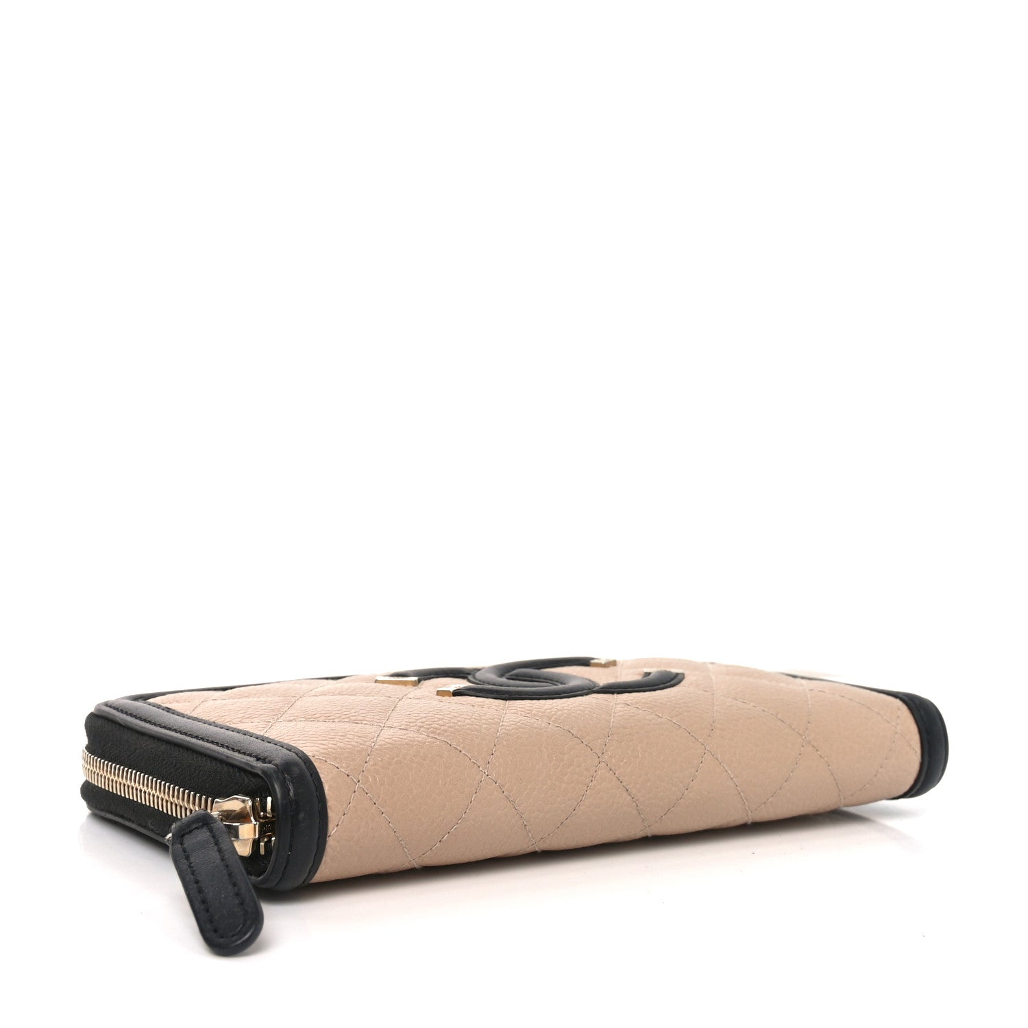 Caviar Quilted Filigree Zip Around Wallet Beige Black