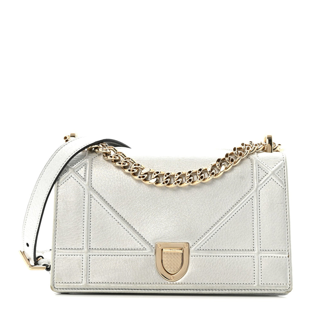 Christian Dior Metallic Grained Calfskin Diorama Wallet on Chain Pouch Silver