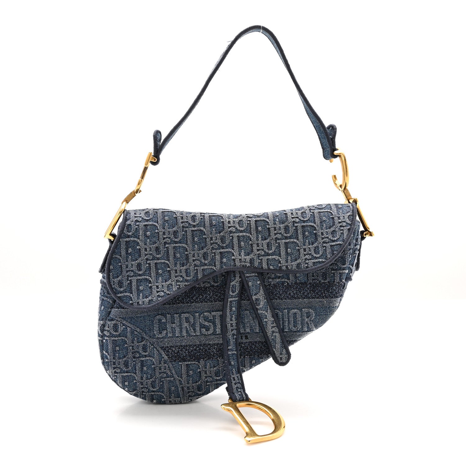 Christian Dior Oblique Embroidered Saddle Bag Denim Blue