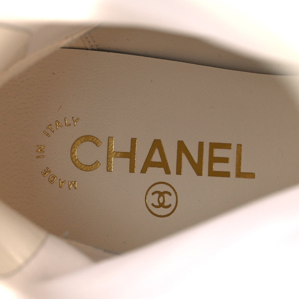 Chanel Stretch Lambskin Patent Cap Toe Pearl Ball Mid Calf Boots 39 White Black