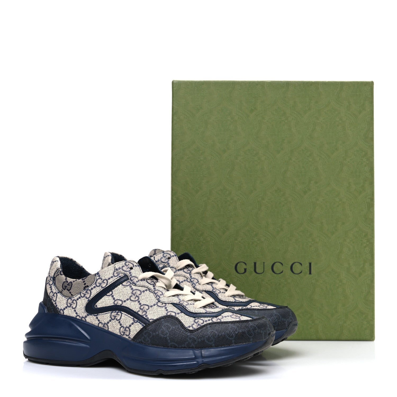 Gucci GG Supreme Monogram Mens Rhyton Sneakers 8.5 Beige Black Blue