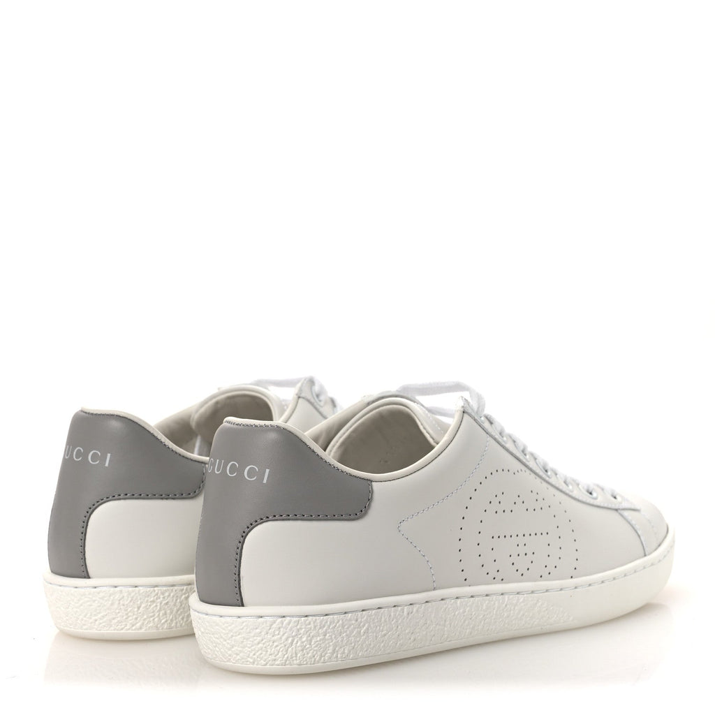 Gucci Calfskin Interlocking G Perforated Womens Ace Sneakers 37 White Grey Sky