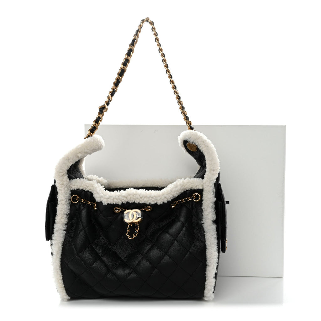 Chanel Crumpled Sheepskin Shearling Quilted Small Chanel 25 Handbag Black White