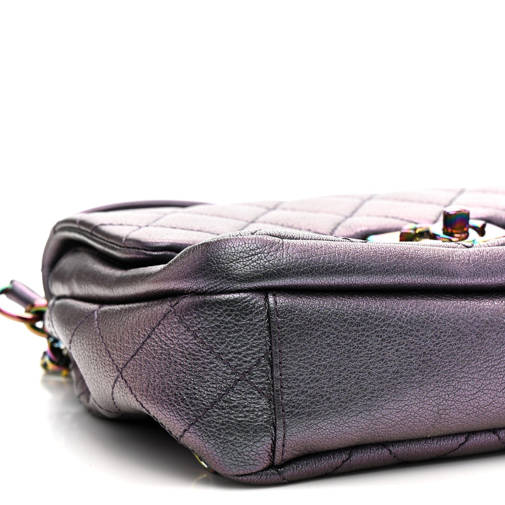 Chanel Iridescent Goatskin Quilted Small Double Carry Waist Chain Flap Purple