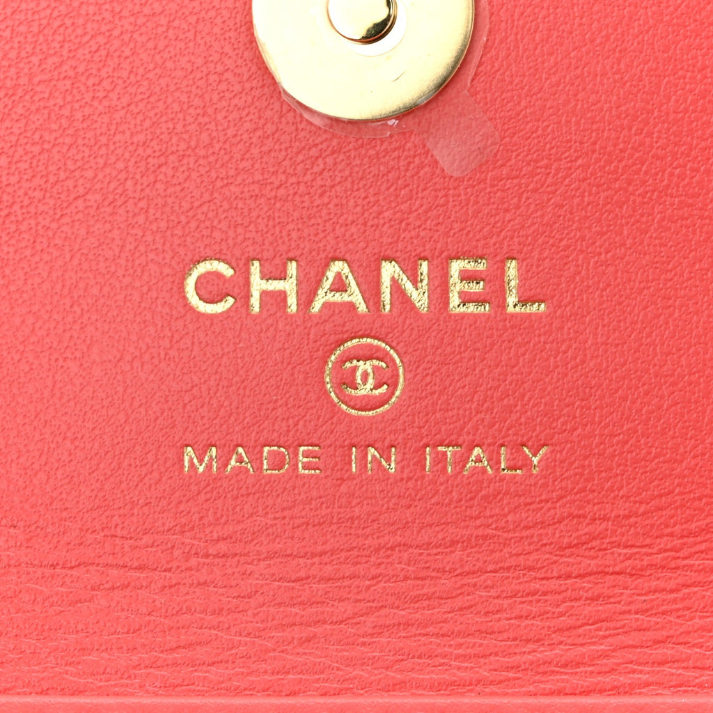 Chanel Shiny Lambskin Quilted Card Holder On Chain Pink