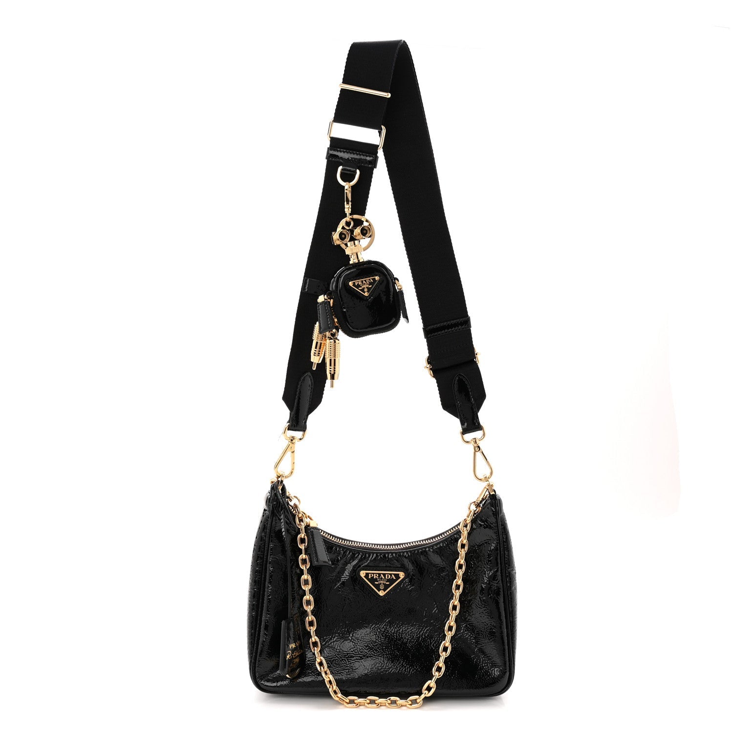 Prada Patent Naplak Re-Edition 2005 Shoulder Bag With Charm Black