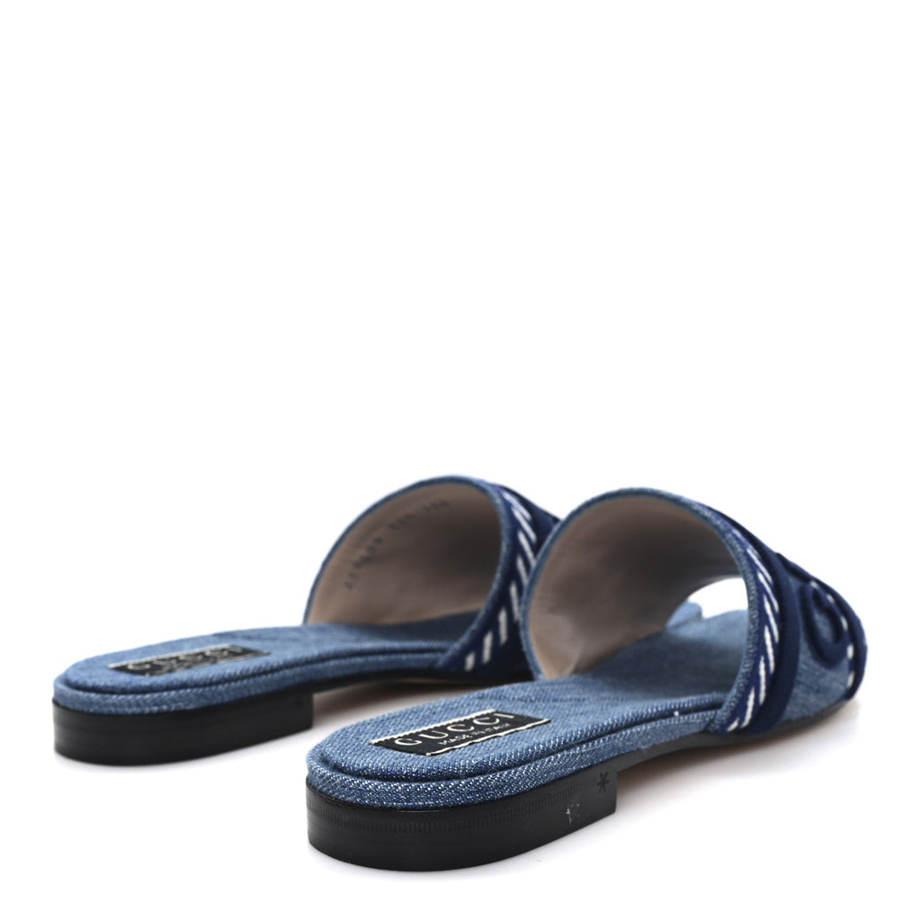 Gucci Plain Spain Denim Logo Slide Sandals 37.5 Light Blue