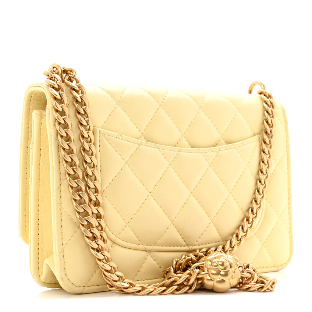 Chanel Lambskin Quilted Sweet Camellia Wallet on Chain WOC Yellow