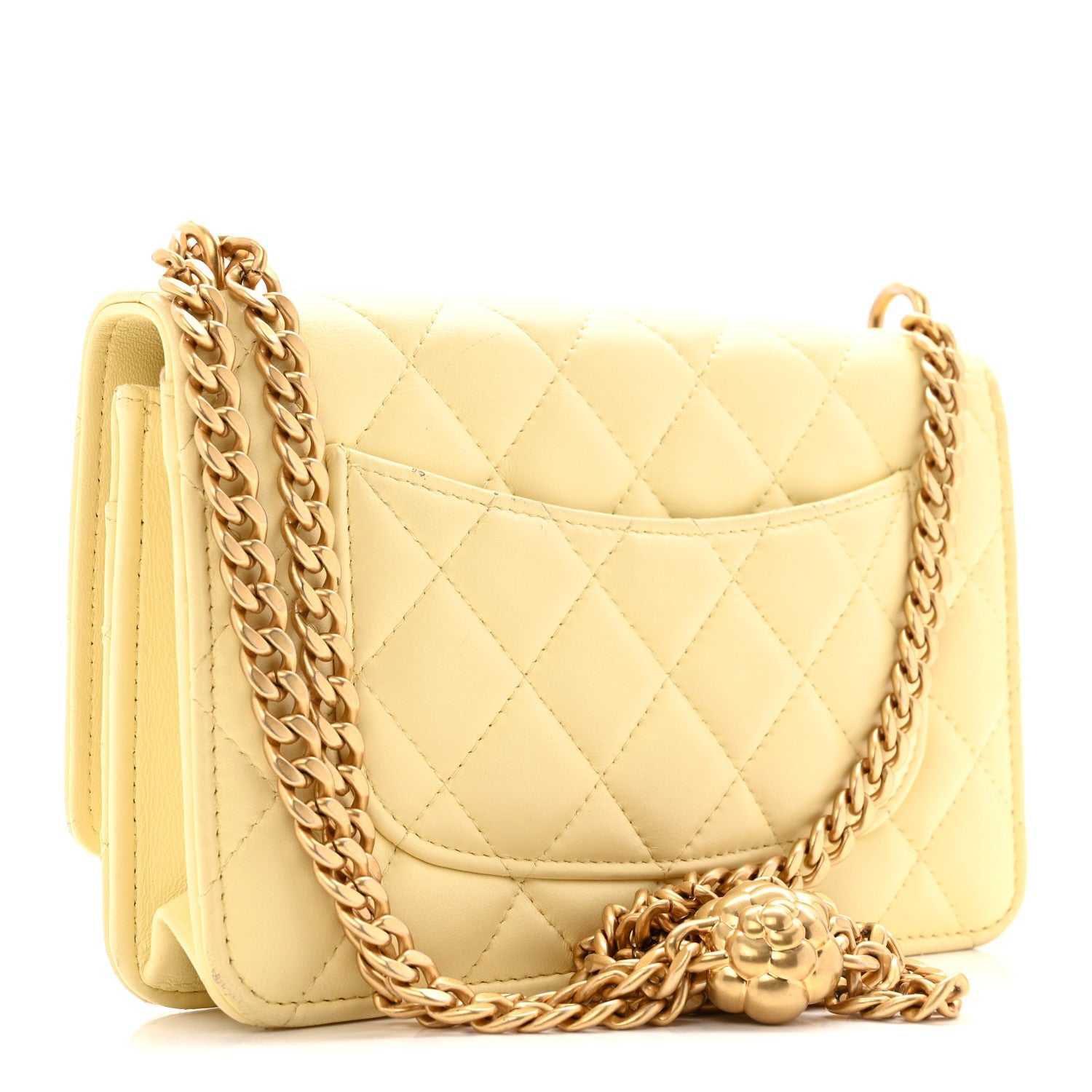 Chanel Lambskin Quilted Sweet Camellia Wallet on Chain WOC Yellow
