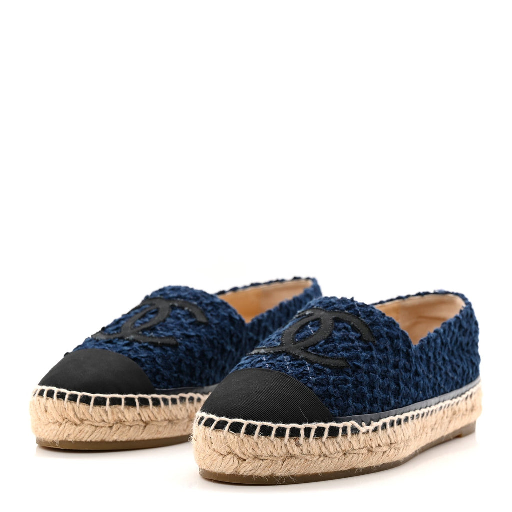 Chanel Tweed Grosgrain CC Espadrilles 37 Navy Black