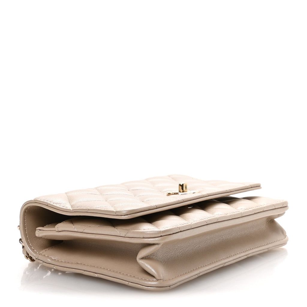 Chanel Pearly Lambskin Quilted Charms Wallet On Chain WOC Beige