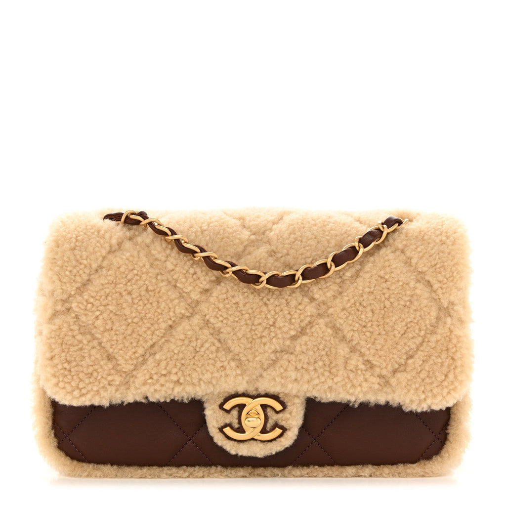 Chanel Shearling Lambskin Quilted Furry Coco Flap Dark Brown Beige