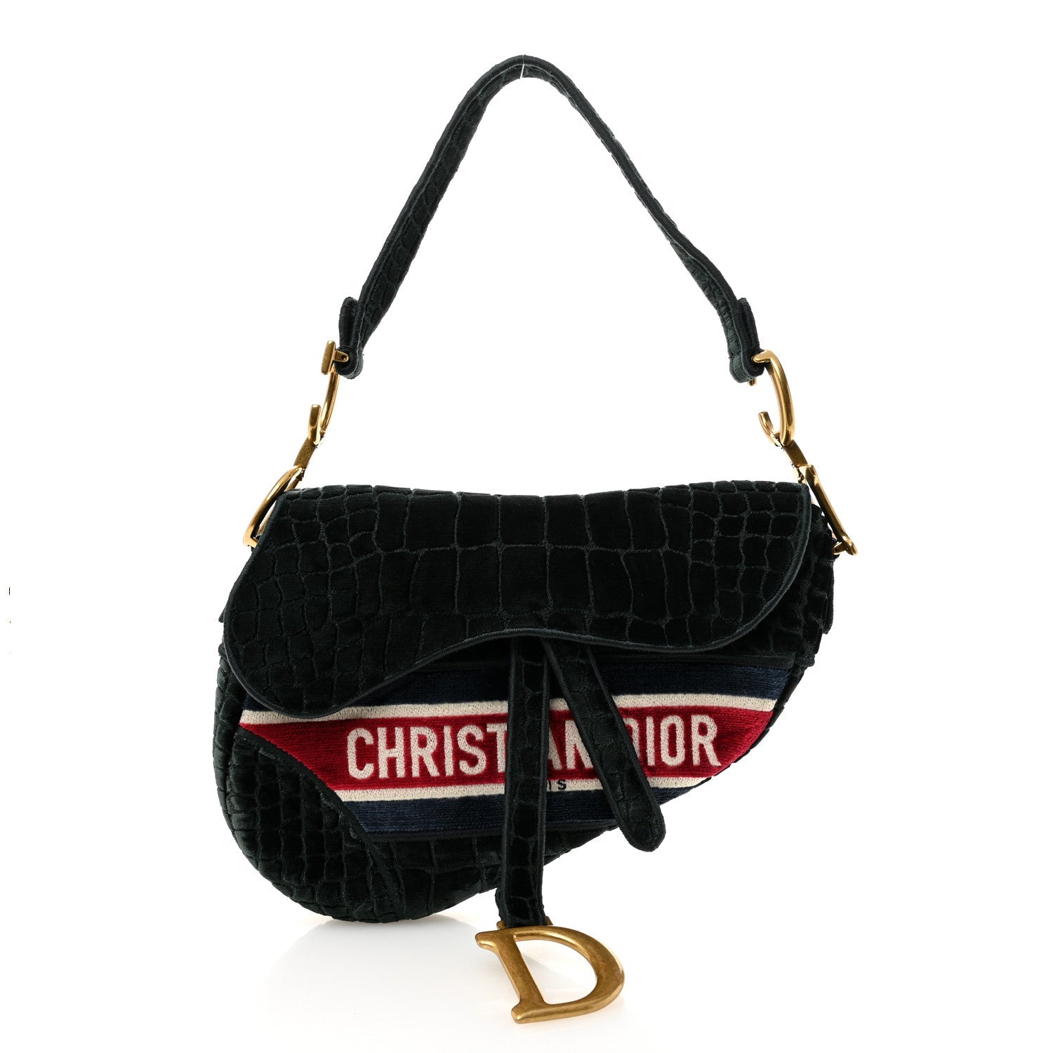 Christian Dior Velvet Crocodile Effect Saddle Bag Green