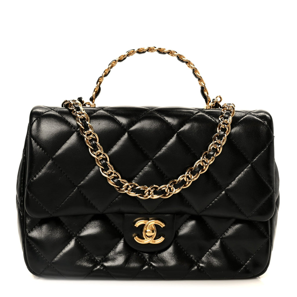 Chanel Shiny Lambskin Quilted Golden Links Top Handle Flap Black