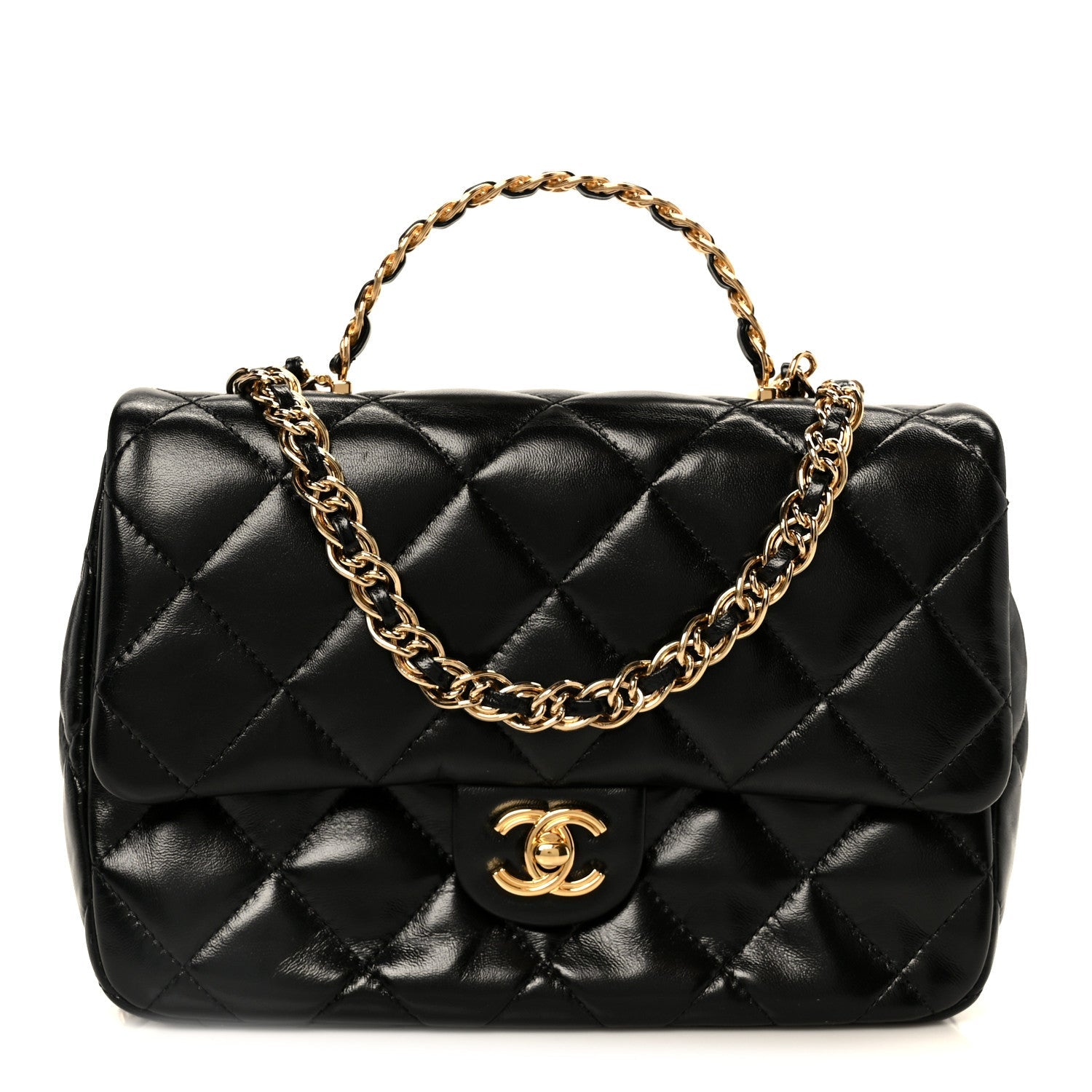 Chanel Shiny Lambskin Quilted Golden Links Top Handle Flap Black