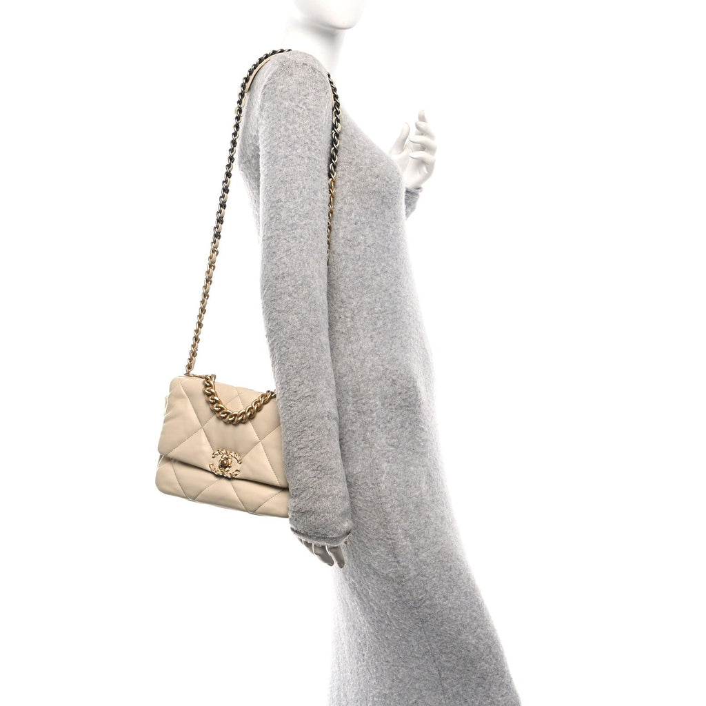 Chanel Lambskin Quilted Medium Chanel 19 Flap Beige