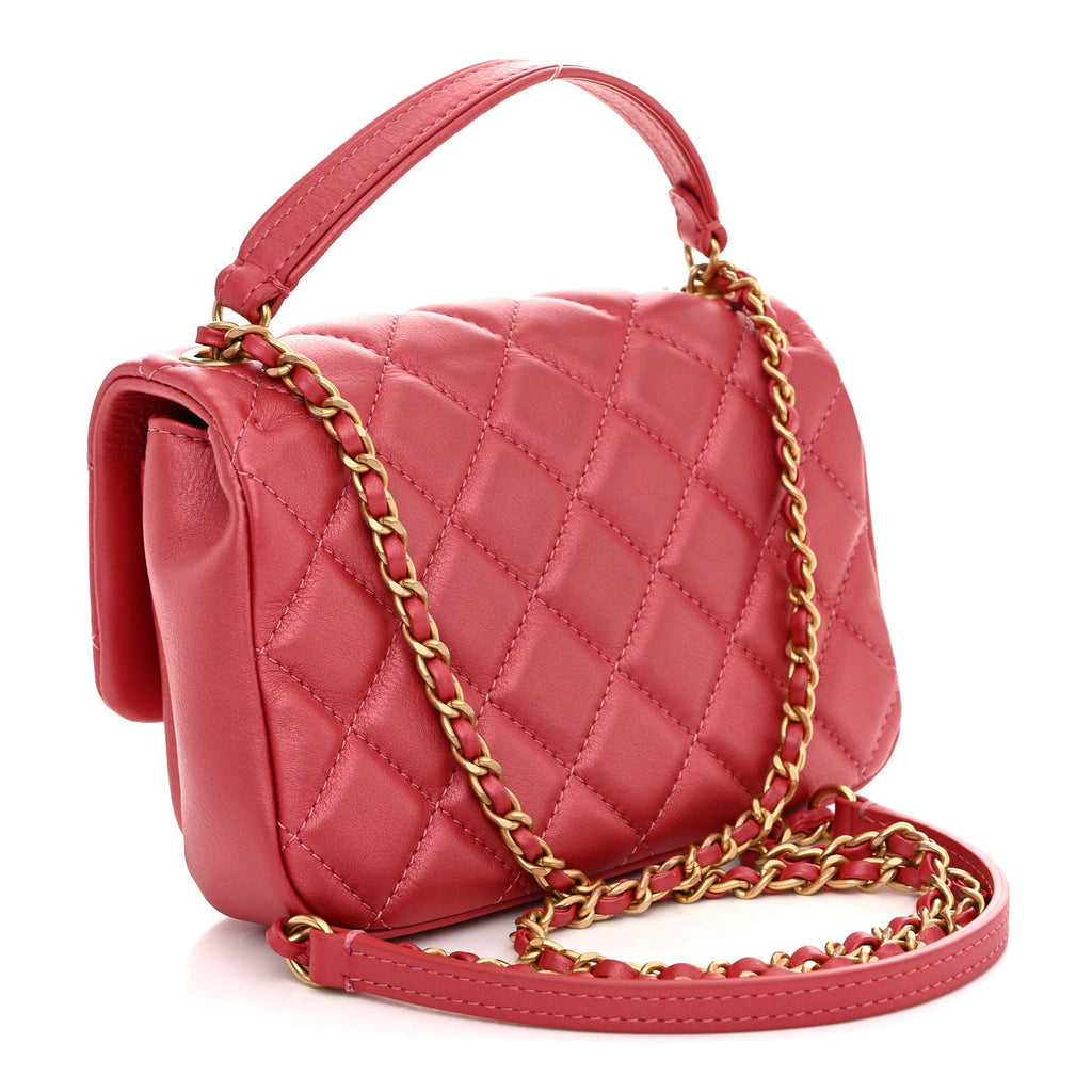 Chanel Metallic Calfskin Quilted Top Handle Flap Dark Pink