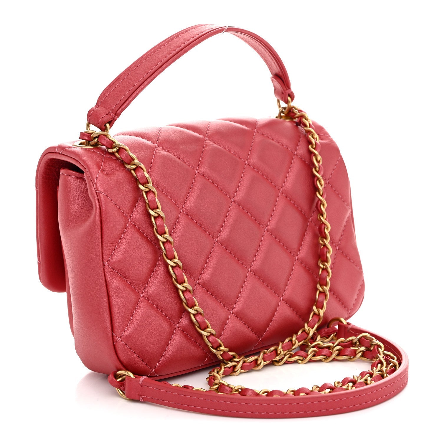 Chanel Metallic Calfskin Quilted Top Handle Flap Dark Pink