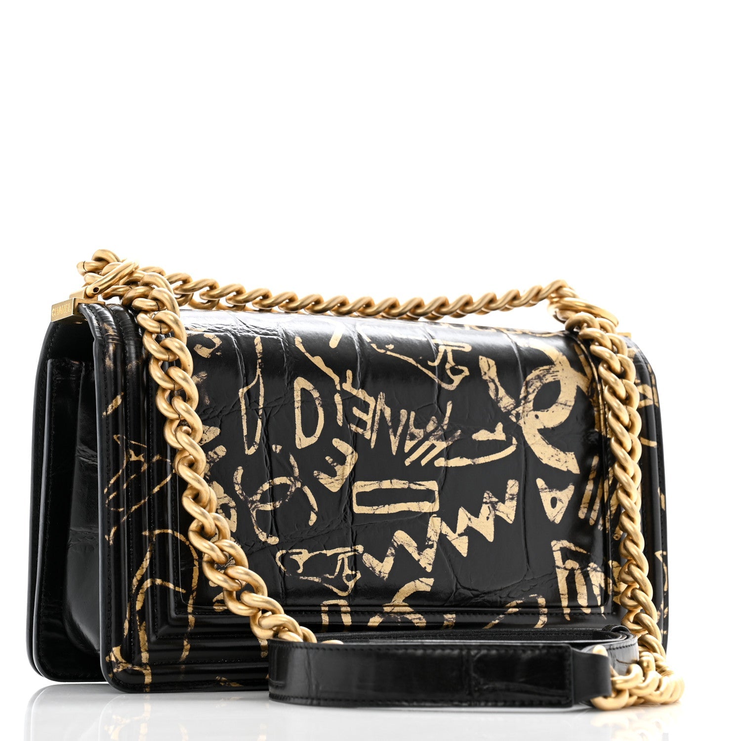 Chanel Calfskin Crocodile Embossed Graffiti Cocodile Medium Boy Flap Black