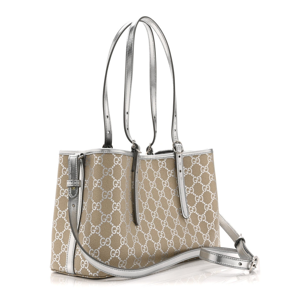 Gucci GG Supreme Monogram Emblem Medium Tote Bag  Beige Silver