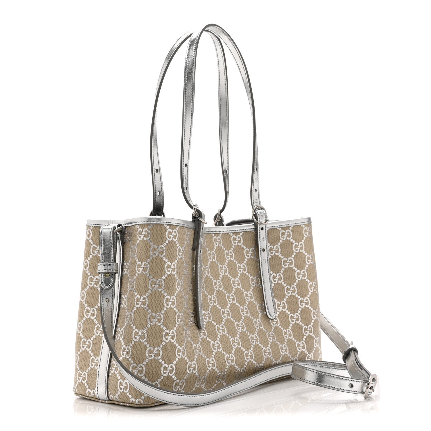 Gucci GG Supreme Monogram Emblem Medium Tote Bag  Beige Silver