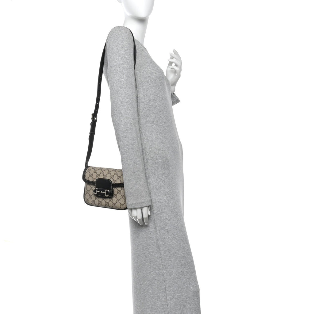 Gucci GG Supreme Monogram Horsebit 1955 Soft Small Shoulder Bag Beige Black