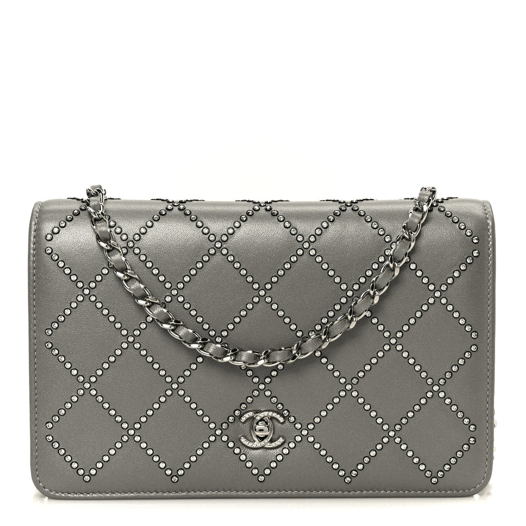 Chanel Lambskin Crystal Quilted Wallet On Chain WOC Grey