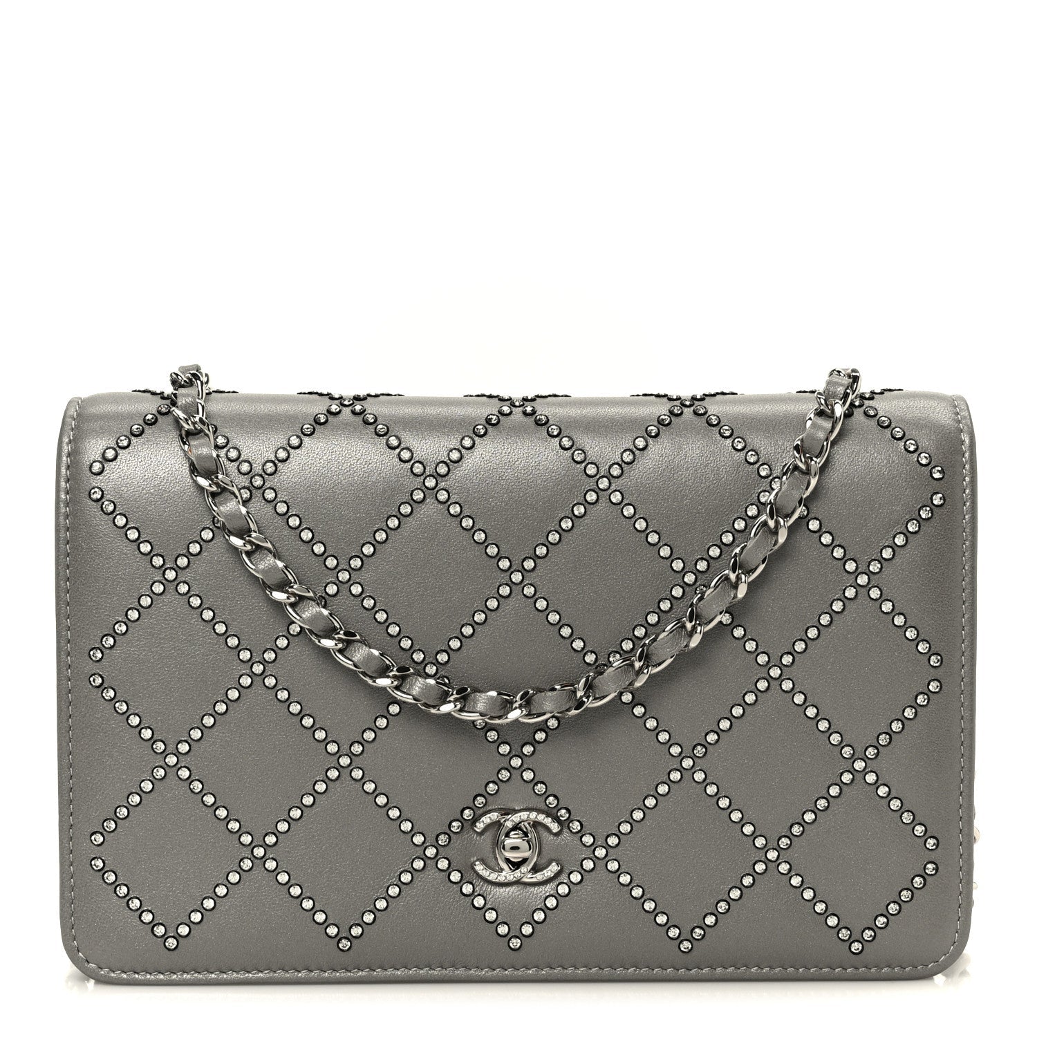 Chanel Lambskin Crystal Quilted Wallet On Chain WOC Grey