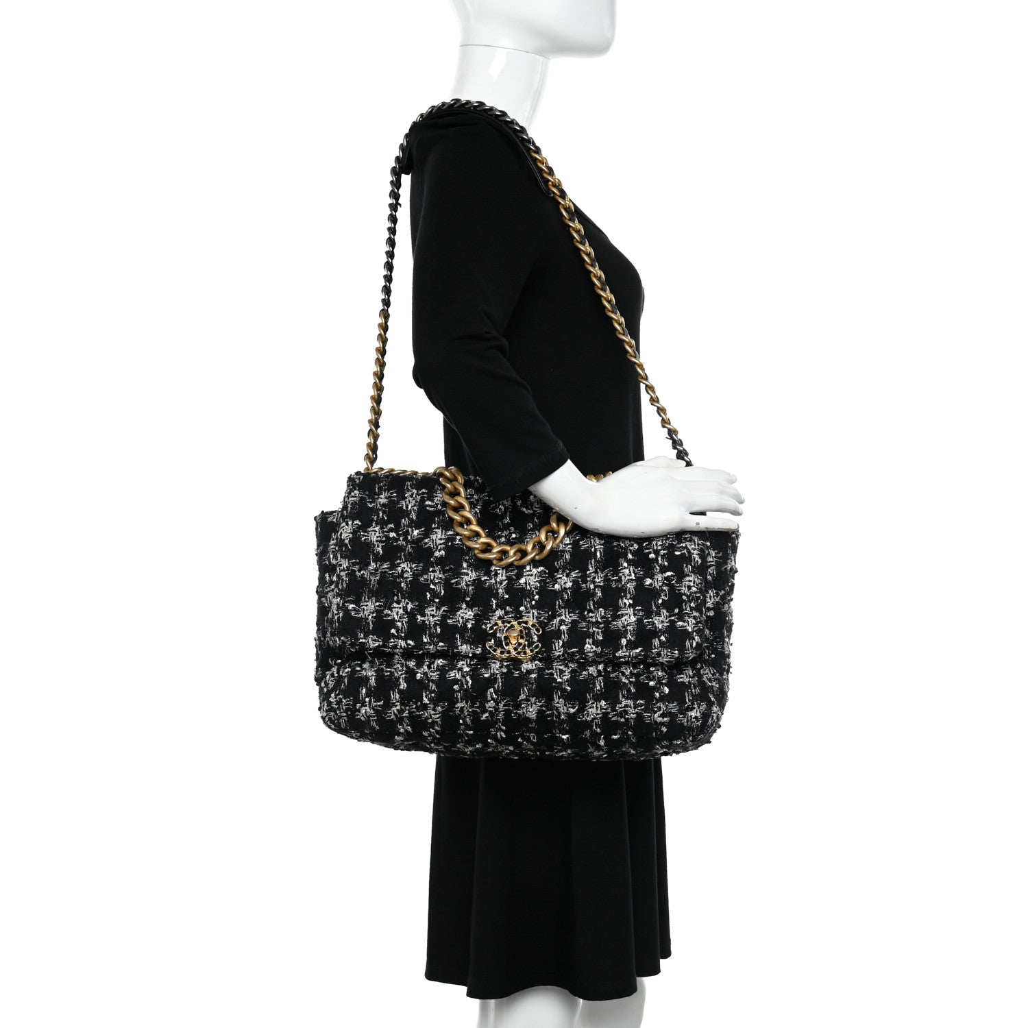 Chanel Tweed Quilted Maxi Chanel 19 Flap Black Silver Ecru