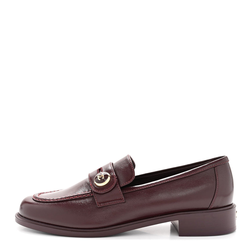Chanel Shiny Calfskin CC Mocassin Loafers 39 Burgundy