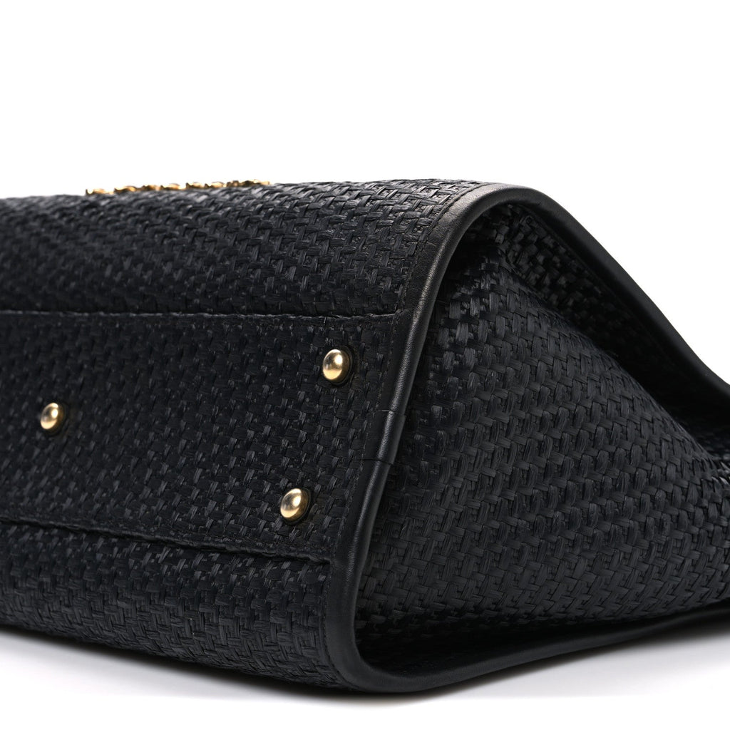 Chanel Straw Raffia Calfskin Chain Small Deauville Tote Black