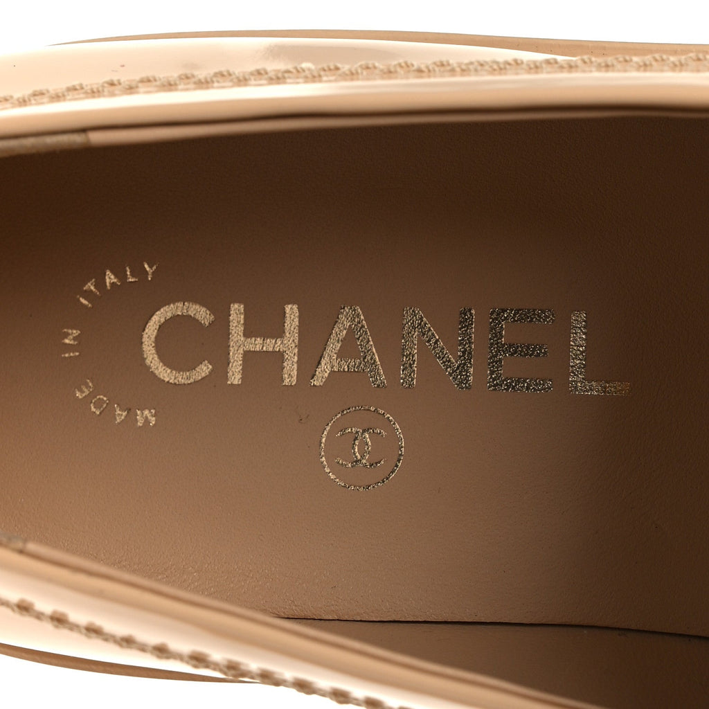 Chanel Shiny Calfskin Logo Loafers 40 Beige