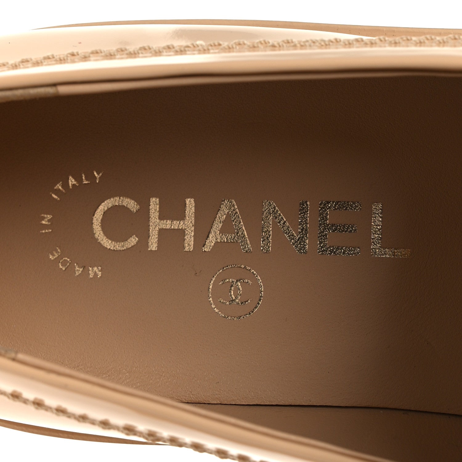 Chanel Shiny Calfskin Logo Loafers 40 Beige