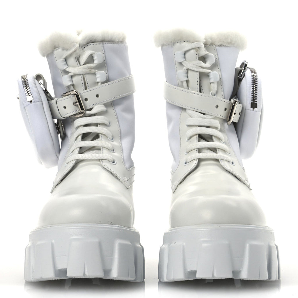 Prada Spazzolato Rois Nylon Shearling Metal Triangle Logo Monolith Pouch Pocket 55mm Boots 35.5 White