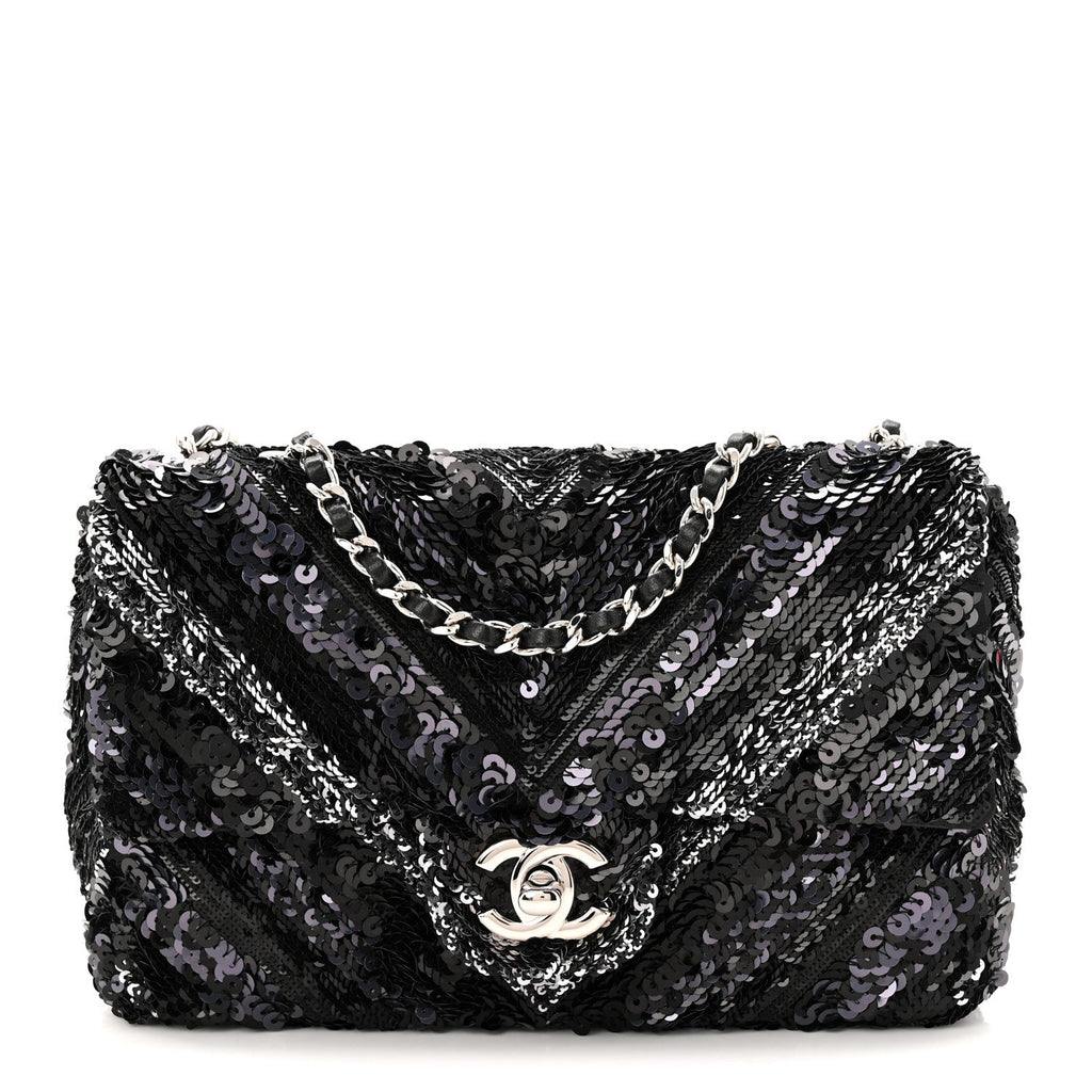 Chanel Sequins Chevron Mini Rectangular Flap Black