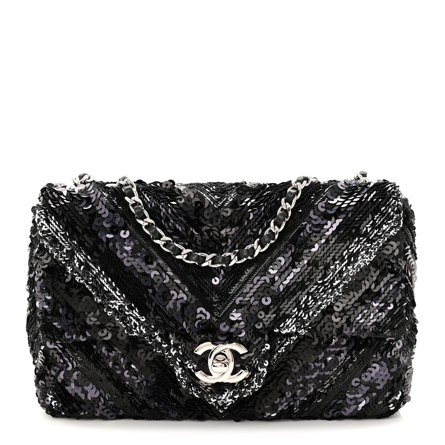 Chanel Sequins Chevron Mini Rectangular Flap Black