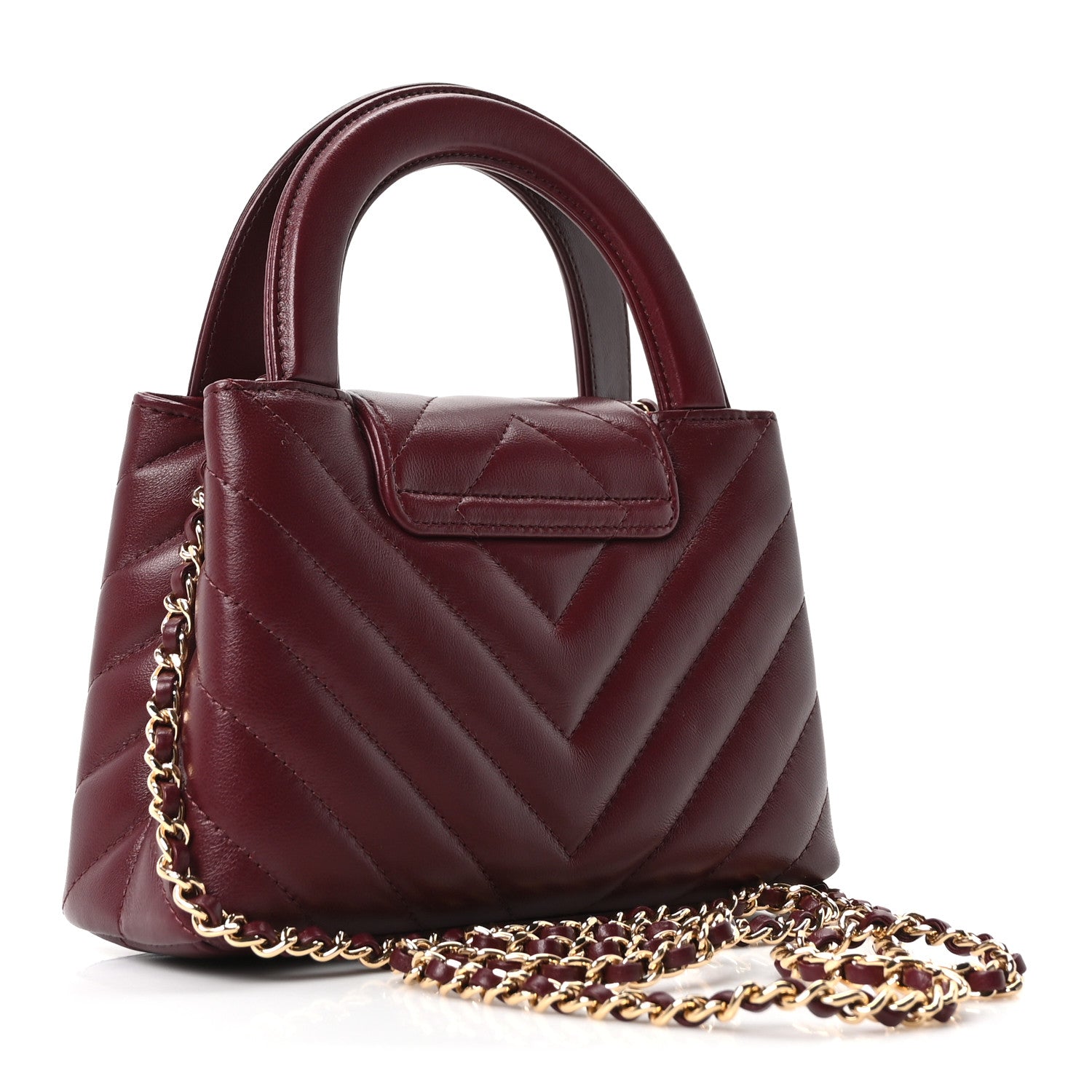 Chanel Shiny Lambskin Chevron Quilted Nano Kelly Shopper Dark Burgundy