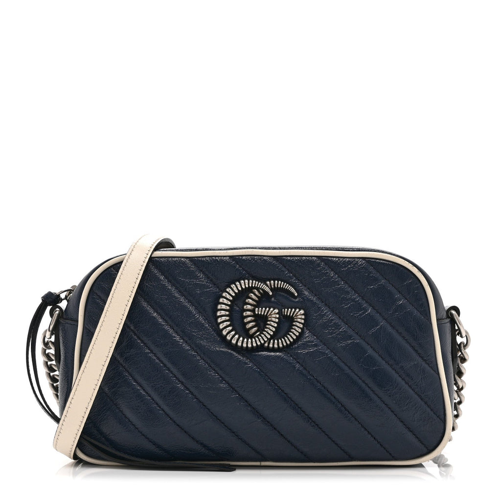 Gucci Vintage Effect Calfskin Matelasse Diagonal Small Torchon GG Marmont Chain Shoulder Bag Blue Agata Mystic White
