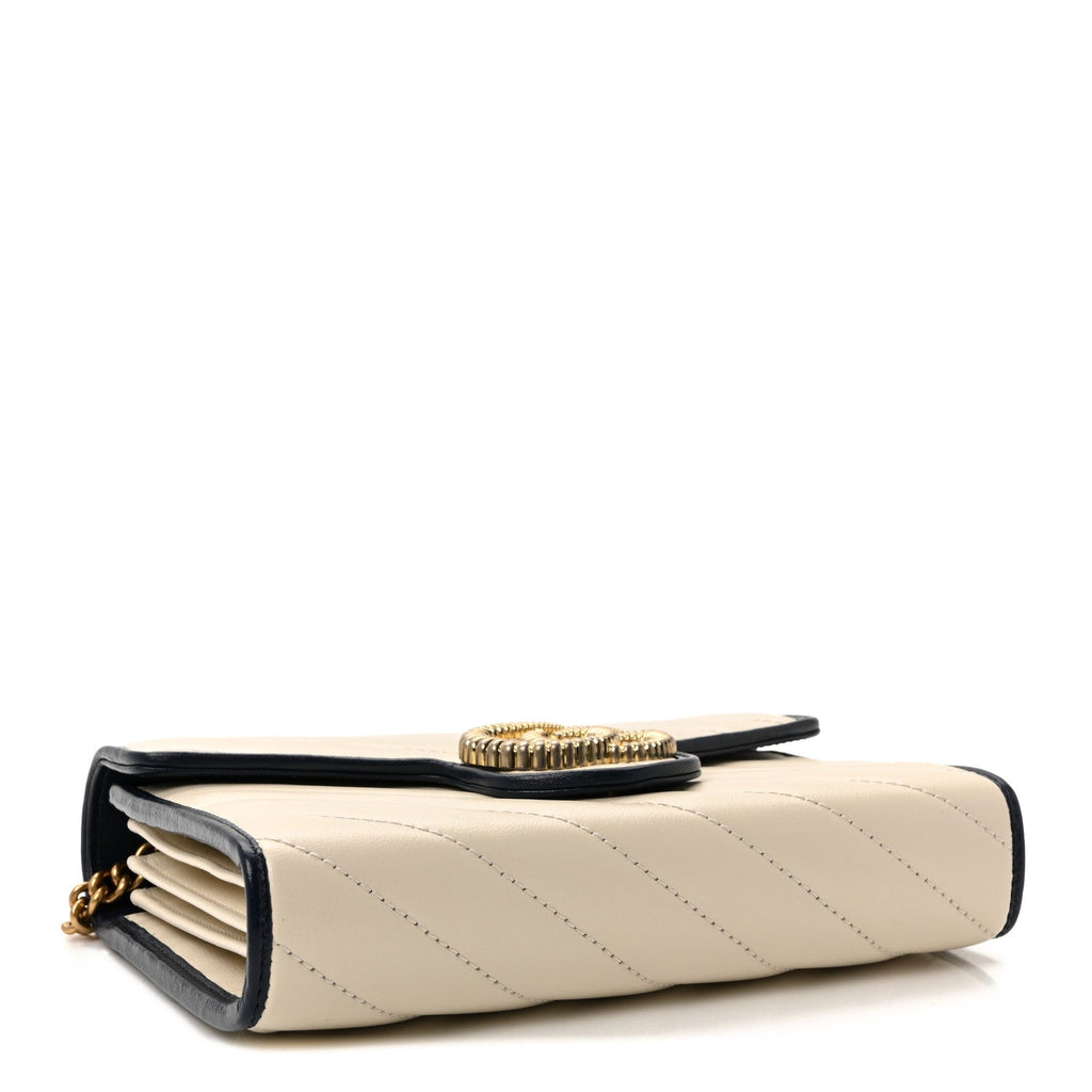 Gucci Vintage Effect Calfskin Matelasse Diagonal Torchon GG Marmont Chain Wallet Mystic White Blue Agata