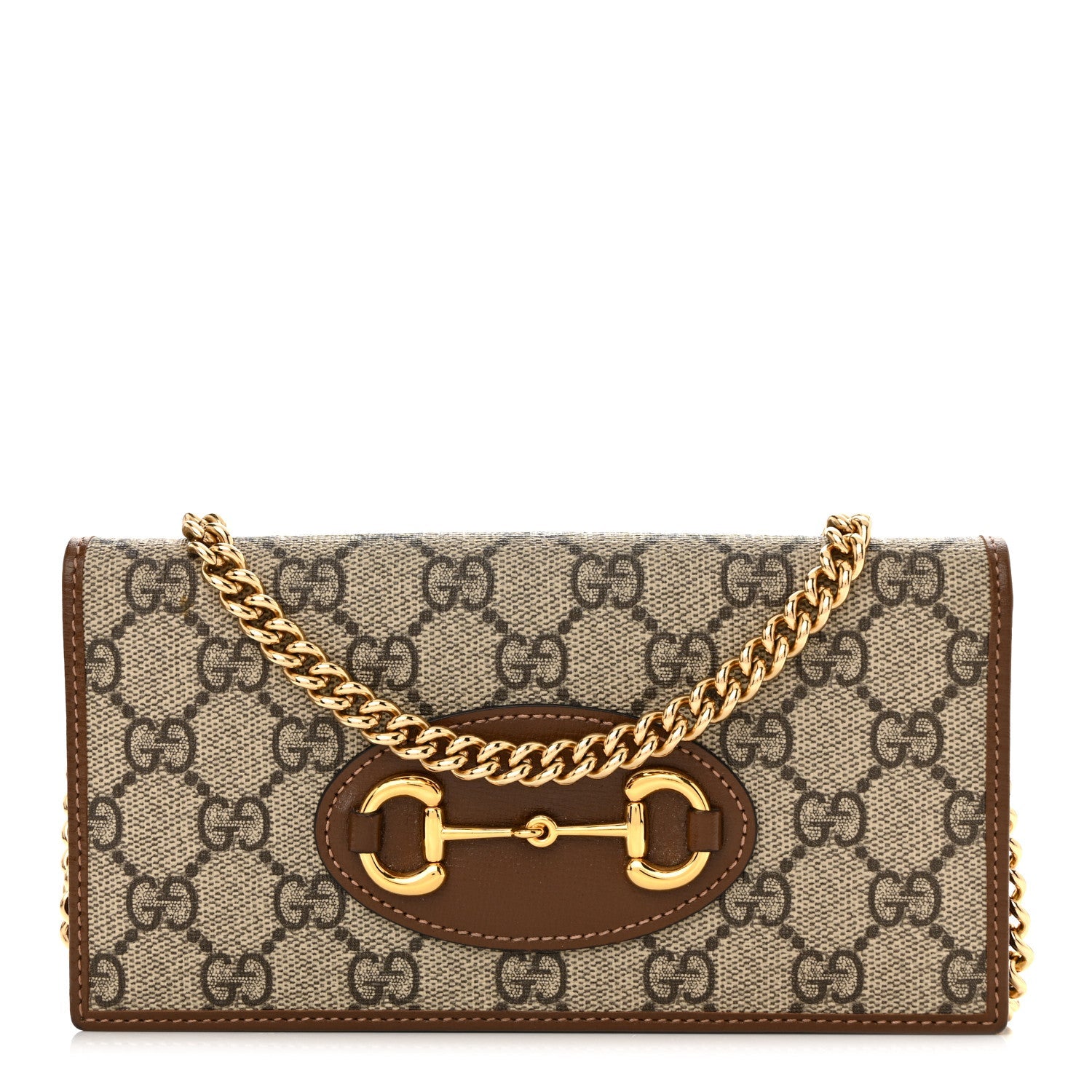 Gucci GG Supreme Monogram Azalea Calfskin Horsebit 1955 Wallet On Chain Beige Ebony Brown Sugar
